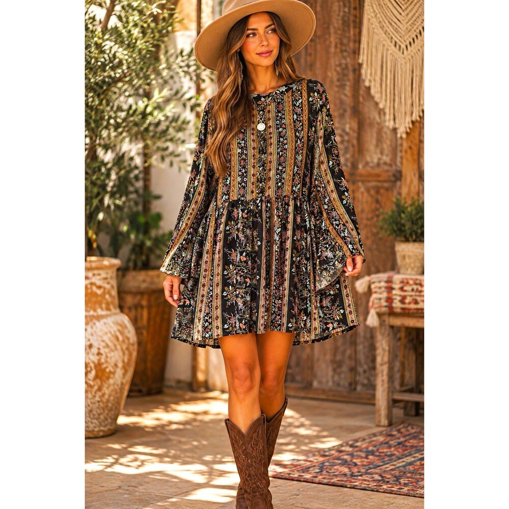 Earthbound Trading Co XL Black Multicolor Floral Boho Bell Sleeve Mini Dress